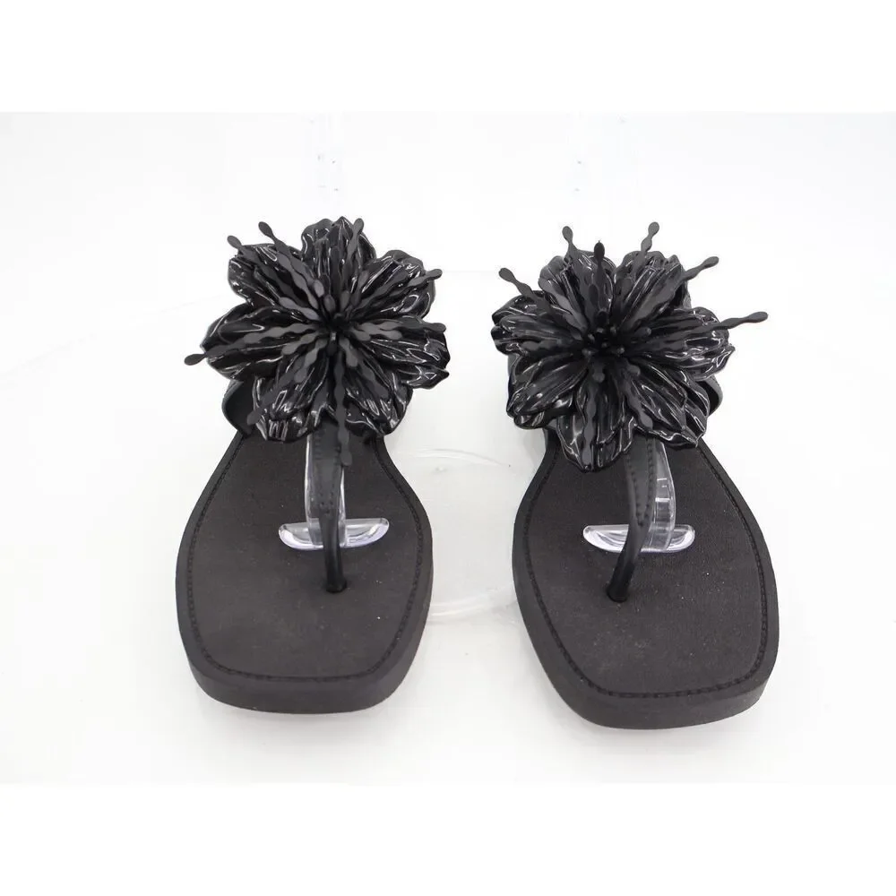Larroude Hibiscus Sandals Slide Thong Size 6/7 Black Slip On Rubber Beach